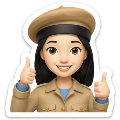 3D cartoon female character giving thumbs up, wearing beige beret, long black hair, smiling warmly with confident expression, clean white background, Pixar-style lighting, cute and friendly iPhone memoji aesthetic, high quality soft shading, centered composition sticker