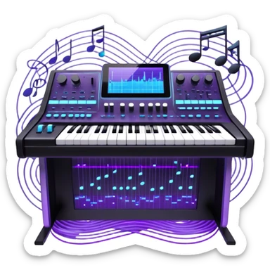 Create a professional and artistic emoji that represents sound design. The design should feature essential sound design equipment, including a high-end Korg synthesizer, a sound mixing console with visible wires, large studio speakers, and a microphone. Surround the equipment with flowing, abstract sound waves and musical notes to symbolize the fluid, creative nature of sound design. Add subtle effects like glowing sound frequencies or swirling patterns to represent the dynamic manipulation of sound. Use sleek, modern colors like black, silver, neon blue, and purple to evoke a sense of innovation and artistic exploration. The background should be transparent. sticker