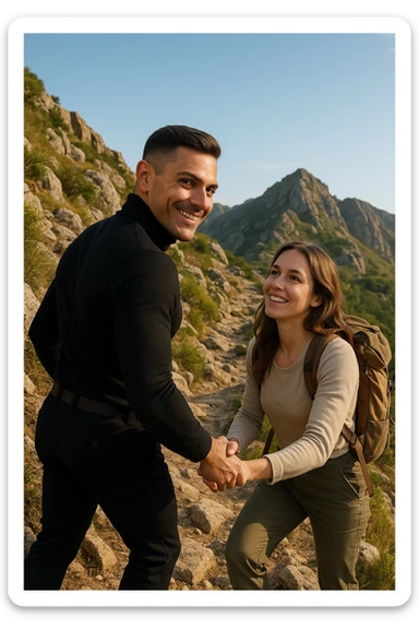 a man and woman climb a mountain trail together, the man leading but frequently looking back to ensure the woman is comfortable and supported. The woman follows with determination and a smile, symbolizing trust, encouragement, and the value of supportive leadership within a relationship. sticker
