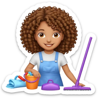 brown girl with curly hair cleaning toys from the floor sticker