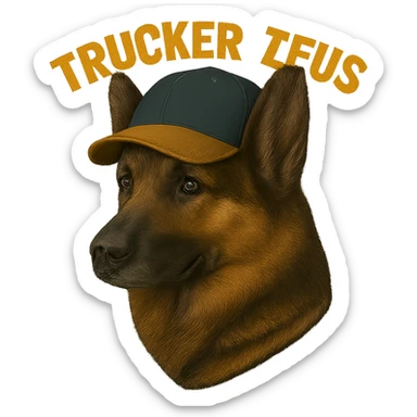 Make the image background transparent while keeping the realistic German Shepherd and the yellow 'Trucker Zeus' text intact. Ensure the file size is under 1MB. sticker