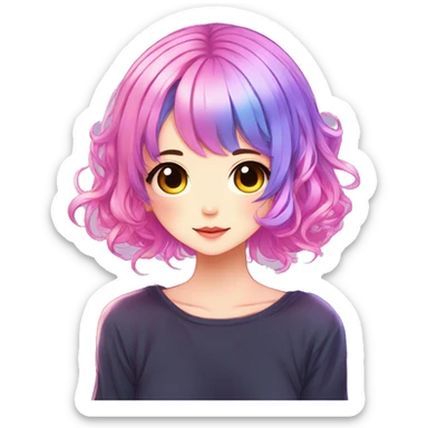 Gorgeous anime style shojo character with blushing face aesthetic and pretty colorful shiny gradient neon hair with hair garment trending style sticker