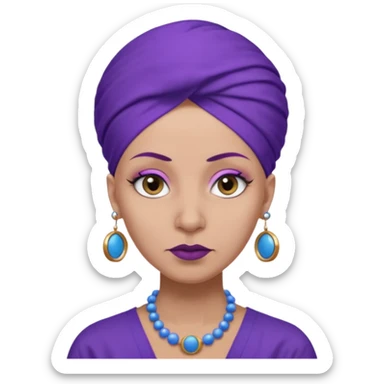 make her skin purple, she has no hair and her eyelashes are huge and she's old and and mean looking with a purple turban with big blue circle earrings and a purple big collared shirt sticker