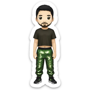Mike Shinoda with black hair, black sequin crop top, olive sequin baggy pants sticker