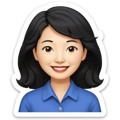 60 yr old asian woman, wavy thick black hair past shoulder length, side part, side swept bang, big smile, collared shirt sticker