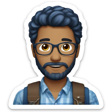 Un jeune homme avec une barbe légèrement fournie, des cheveux courts bruns et un regard confiant, vêtu d'une chemise à carreaux bleu marine. sticker