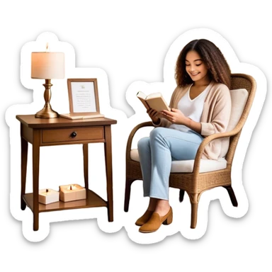 A person sits mindfully in a chair, a gratitude journal nearby, and a phone turned off. A bird chirps outside, a scented candle burns, and a small hidden gift bag peeks from under the table. A framed quote says, "Be Kind to Yourself," while they share a smile with someone. sticker