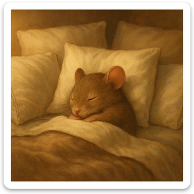 a small animal curled up in bed, surrounded by pillows, cozy vibe, peaceful and warm setting sticker