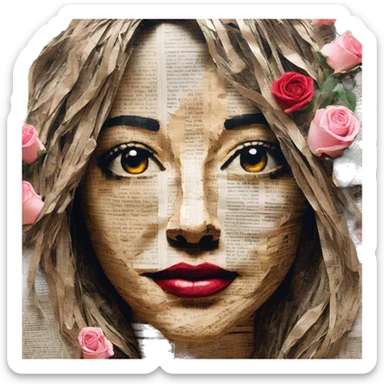 Person face portrait made entirely of newspaper cuttings and roses sticker
