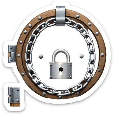 A heavy metal chain wrapped around a round wooden door with a padlock securing it sticker