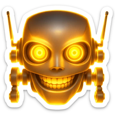 Add glowing effects to the emoji of V from Murder Drones, especially around her yellow eyes and robotic features. Keep the background transparent. The style should maintain the original emoji look with emphasis on glowing highlights around the eyes and robotic parts. sticker