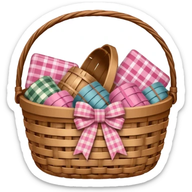 Cottagecore vintage basket, with plaid ribbon in pink snd earthy shades. No emoji faces, no emoji icons. sticker