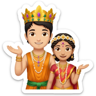 Brahmin boy is thanking to the bharatanatyam dancer. She is in lordess padmavati with golden crown and giant flower garland on her neck. The girl is fat and tall the boy is small. sticker