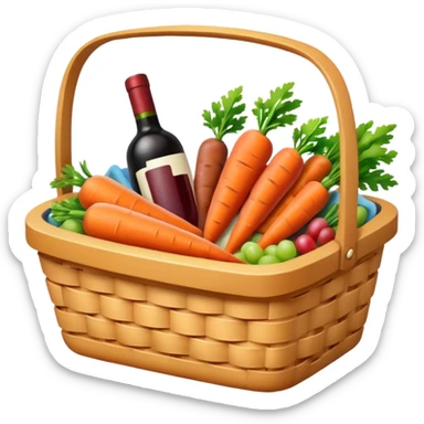 picnic basket with carrots, wine, sausages, cheese, cheerful and colorful, emoji style sticker