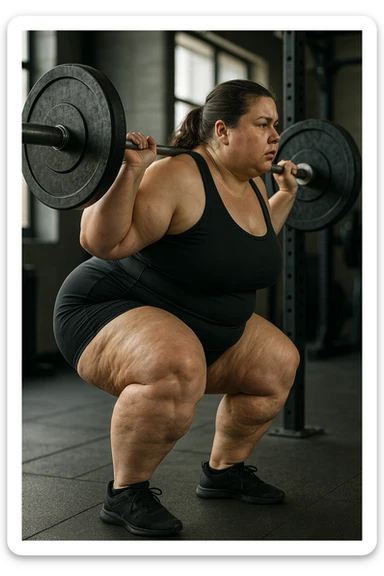 donna grassa con lipedema alle gambe che fa uno squat di profilo con bilanciere, IPERREALISTICA 4K sticker