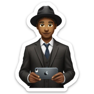 Young Man above 16 year a suit He is wearing a hat and holding an iPhone 15 Pro Max in his hand  sticker