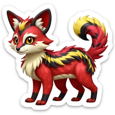 Futuristic sanguine-red banana-yellow black chevron-marked furry fluffy floofy feathery tribal marked Genet-Absol-Kyurem-Zeraora-Primagen-fusion-creature  sticker