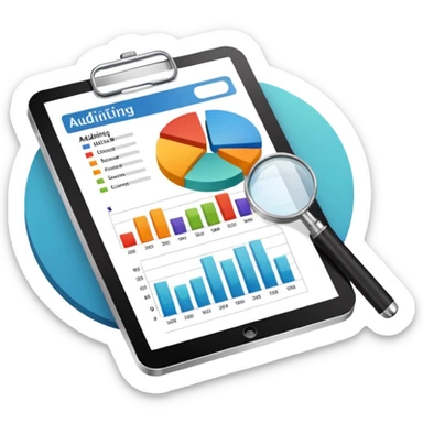 Checking and auditing estimate documents with search icon and infographic chart sticker