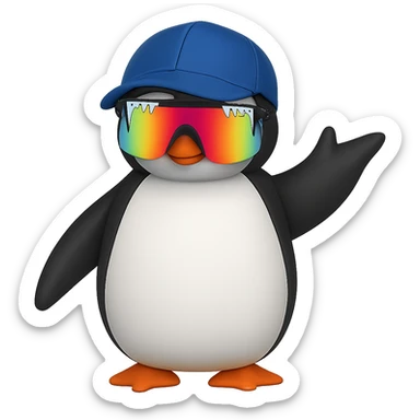 Add Pit Viper style sunglasses to the waving penguin with a baseball cap. Remove the background. Maintain the original style and look of the penguin. sticker