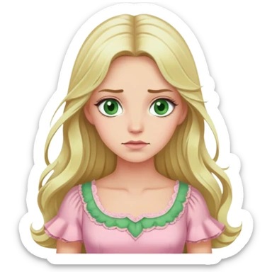 blonde with long hair and swamp eyes in a pink pastel dress, thoughtful sticker