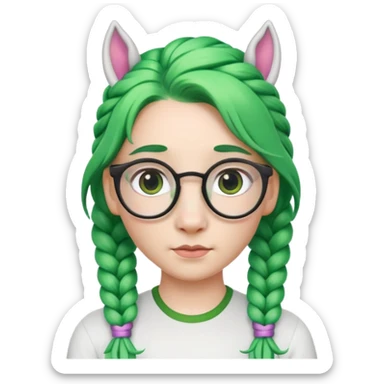 braided unicorn wiith big visible braids looking into the camera spectacled green hair and no ears sticker