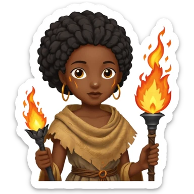 ancient black girl, tattered leaf cloth, hold a torch sticker