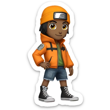 Naruto character brazilian flag, lightsskin, short straight black hair, orange jacket with a little black, a head wrap from his character, black Converse shoes, jean shorts and smiling sticker