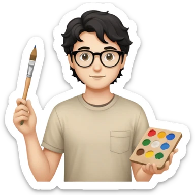 Young caucasian man with black wavy hair, round glasses, beige painting shirt, holding a square paintbrush sticker