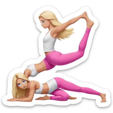 A cinematically realistic blonde with long hair and blue eyes, dressed in a white top and pink leggings, does a glute bridge exercise sticker