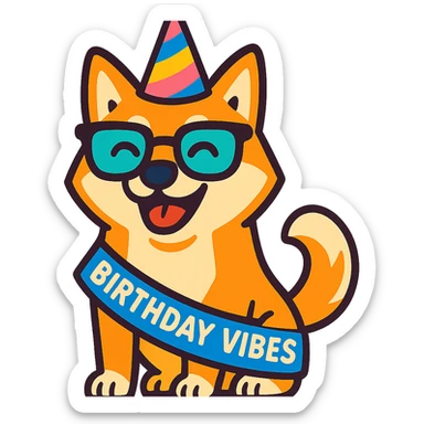 Shiba Inu wearing a "Birthday Vibes" sash and glasses, vibrant-toon style, transparent background sticker