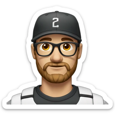 White man with brown hair and a brown beard, has thick eyebrows is wearing black sight glasses. Big nose. Half closed brown eyes. Wearing a Nike cap. Serious expression sticker