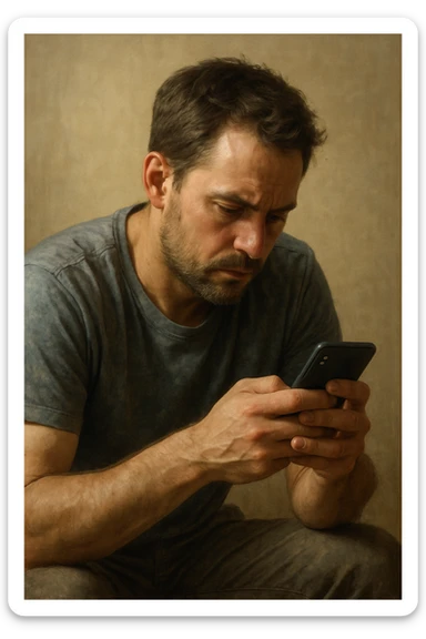 a man hunched over his cell phone, realistic illustration sticker