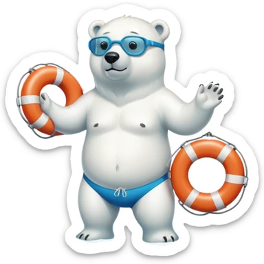 full body friendly anthropomorphised polar bear wearing swim shorts and swim goggles, standing in water, holding a life buoy sticker