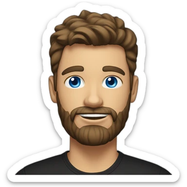 White man with a sun kissed tan and blue eyes. His hair is dark brown, styled sideways backwards. He has a beard and mustache trimmed. Wears s black t-shirt. sticker