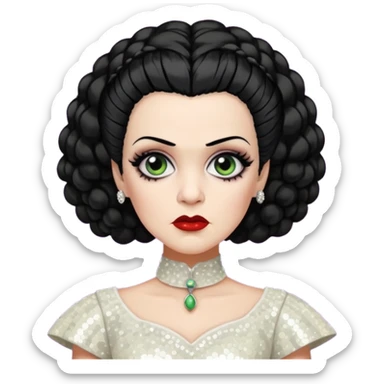 Bride of Frankenstein with black hair, ivory sequin outfit sticker