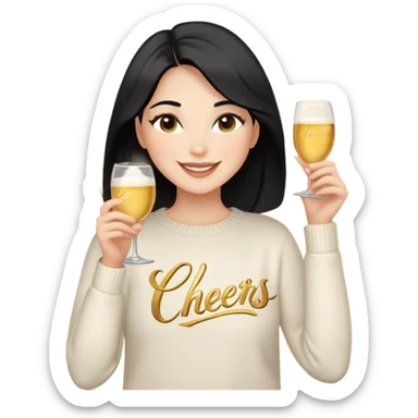 A woman with longer black hair, light to medium skin tone, full cheeks, and almond-shaped eyes, wearing a simple white sweater with the word 'cheers' in gold script, joyful and radiant expression, cheerful. sticker