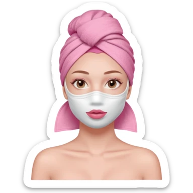 Clean girl influencer character, chest-up portrait, pink head towel, half-face facial mask, minimal self-care look, clean modern illustration sticker