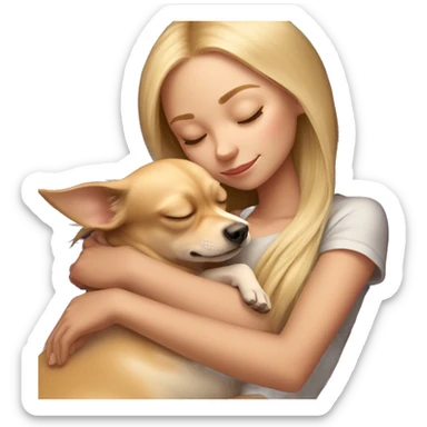 Girl with long blonde hair laying down sleeping cuddling with a tan chihuahua  sticker