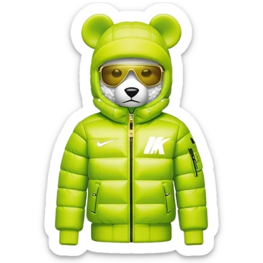 classic geometrical bearbrick with cubic body structure, lime balaclava with built-in single visor lens, Nike logo puffer jacket with luxurious white fur collar and cuffs, designer streetwear, gold chains sticker