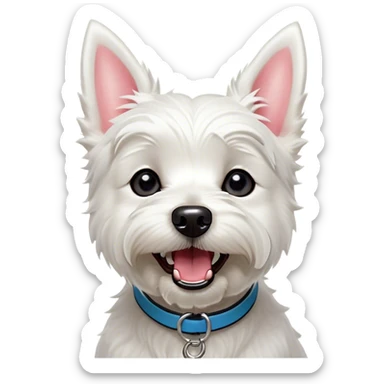 Cinematic Comical West Highland White Terrier Portrait Emoji, Head tilted dramatically with an exaggeratedly shocked or amused expression, featuring a sleek, pristine white coat with perky ears and wide, expressive dark eyes filled with playful disbelief, Simplified yet hilariously expressive features, highly detailed, glowing with a slightly sassy glow, high shine, dramatic yet playful, stylized with an air of cheeky mischief, bright and endearing, soft glowing outline, capturing the essence of a spirited and over-the-top companion, so meme-worthy it feels like it could side-eye its way into internet fame instantly! sticker