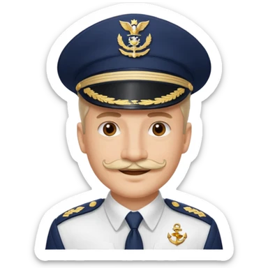 A light-skinned man with brown eyes and Pencil mustache, smiling while wearing a white captain’s hat with a navy emblem. sticker