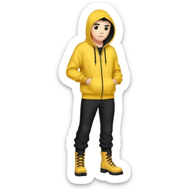 Invincible but whering a yellow hoodie and the mouth covered whering black pants and black boots sticker