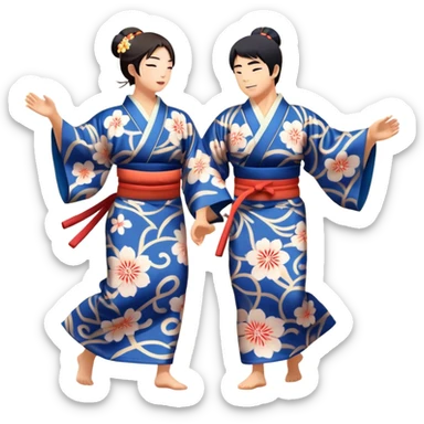 Cinematic Realistic scene of two performers engaging in Bon Odori, dressed in traditional yukata with intricate summer patterns, captured in graceful, rhythmic motion with warm, festive lighting sticker