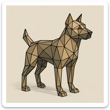 {
  "style_description": {
    "name": "Low Poly Wireframe",
    "overall_look": "Geometric abstraction with visible polygonal mesh edges and a minimal, digital aesthetic",
    "geometry": {
      "shape_type": "triangles and quadrilaterals forming faceted surfaces",
      "structure": "low-resolution polygon meshes with flat faces",
      "edge_visibility": "clear, sharp wireframe outlines around each polygon",
      "dimensionality": "3D-like forms created through flat shading and edge contours"
    },
    "linework": {
      "type": "thin or semi-bold outlines tracing all edges of the mesh",
      "style": "uniform or slightly stylized (e.g., dotted or glowing lines)",
      "color": "typically black, dark gray, or color-matched for contrast"
    },
    "color": {
      "application": "solid flat colors per polygon, without gradients",
      "palette_type": "limited, often monochromatic or with tonal variation per face",
      "highlighting": "minimal shading to emphasize surface depth without realism"
    },
    "lighting": {
      "approach": "ambient or directional lighting used sparingly to add dimension",
      "avoid": ["soft shadows", "complex reflections", "photorealism"]
    },
    "background": {
      "style": "plain or gradient backdrop to contrast mesh clarity",
      "consistency": "flat and neutral to preserve focus on wireframe structure"
    },
    "render_constraints": {
      "avoid": ["smooth surfaces", "rounded curves", "realistic textures"],
      "focus_on": ["polygon edges", "angular forms", "mesh clarity"]
    },
    "subject_treatment": {
      "representation": "simplified, stylized forms with clear geometry",
      "emphasis": "structure, volume through form and edge"
    }
  }
}

{subject} = dog sticker