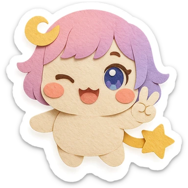 Stella Puff (星星噗噗) in super cute, soft, and adorable paper craft style, front view, winking and making a peace sign, big sparkling blue-violet eyes, pastel pink-purple gradient hair with a yellow star swirl, creamy white round body, coral pink blush, short arms and legs, golden star tail, clean lines sticker