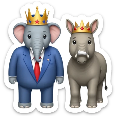 Democratic Party elephant facing Republican Party donkey with King Trump inbetween sticker