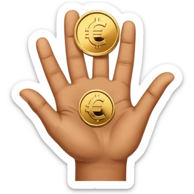 An open hand facing upwards holding a coin with a euro symbol in the center. The coin is placed slightly above the palm, symbolizing financial support or budget. sticker