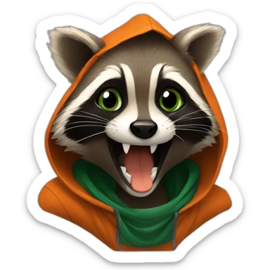 brown raccoon with orange eyes and a dark green hood that is laughing sticker