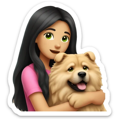 girl with very long black hair and green eyes and pink outfit hugging a beige fluffy cute chow chow dog sticker