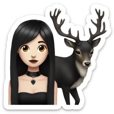 Portrait. Goth deer girl in a black sleeveless dress with a choker. White antlers with deer ears. Long Black hair sticker